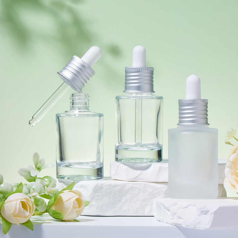 20mm 30ml Botol Penetes Kaca Buram Lingkaran Perak dan Transparan